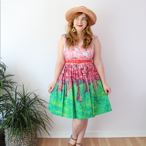 Modcloth Spring Cherry Blossom Dress Pockets Belt Bright Japan Trip - Picture 2 of 8